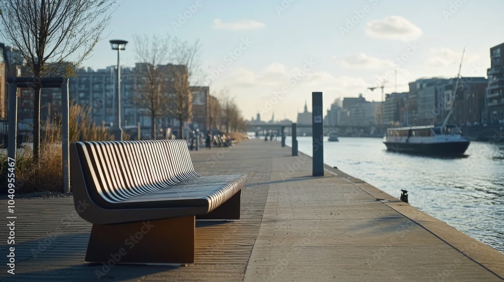 Fototapeta premium Empty Bench on a Waterfront Promenade with City Buildings and a Boat in the Distance
