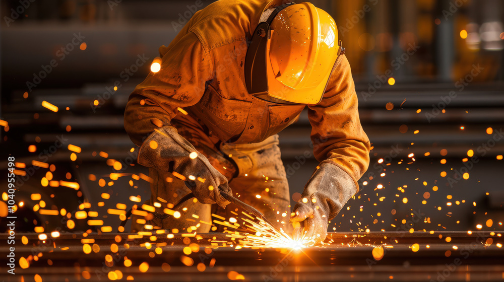 dedicated industrial welder is hard at work, creating sparks as they expertly manipulate metal in vibrant workshop environment. scene captures intensity and focus of task dedicated industrial welder is hard at work, creating sparks as they expertly manipulate metal in vibrant workshop environment. scene captures intensity and focus of task
