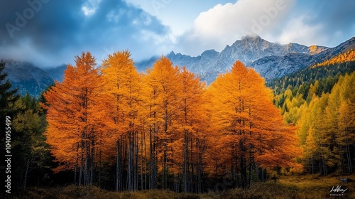 A group of golden yellow trees stand in a field in front of a mountain range with a cloudy sky.