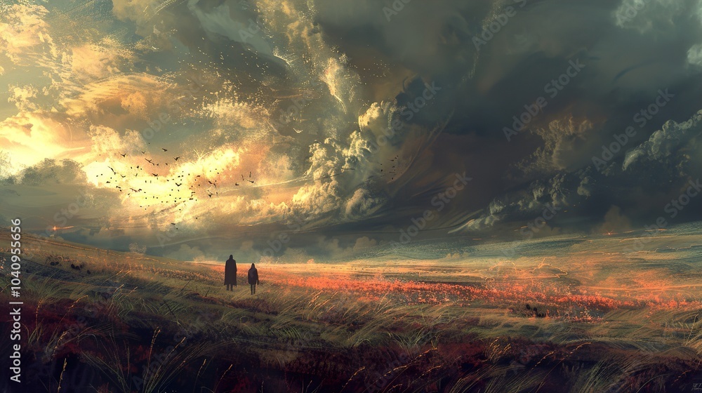 Fototapeta premium Two Figures Gazing at a Dramatic Sunset Landscape