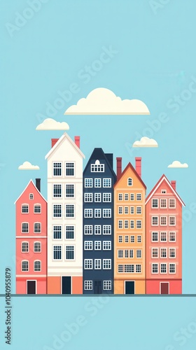 Colorful illustrated buildings against a blue sky with clouds, providing a cheerful urban vibe.