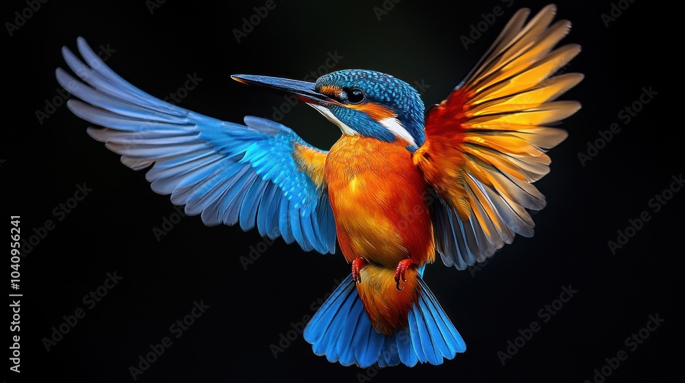 Obraz premium A colorful kingfisher in mid-flight against a dark background.