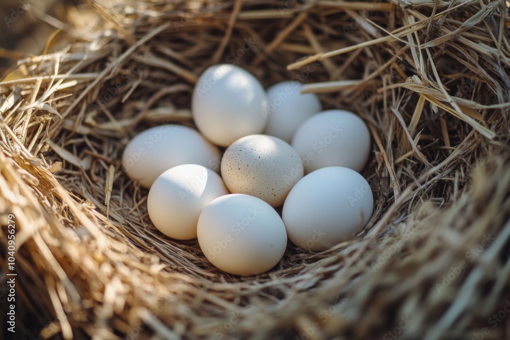A nest of white eggs nestled in dry straw. A nest of white eggs nestled in dry straw.
