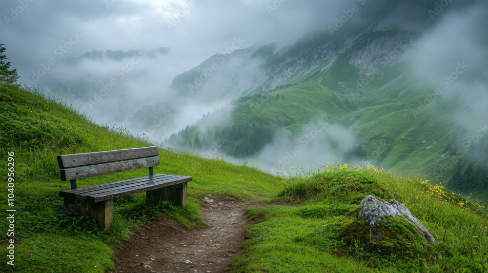 Obraz premium A Wooden Bench Overlooking Fog-Covered Mountain Hills