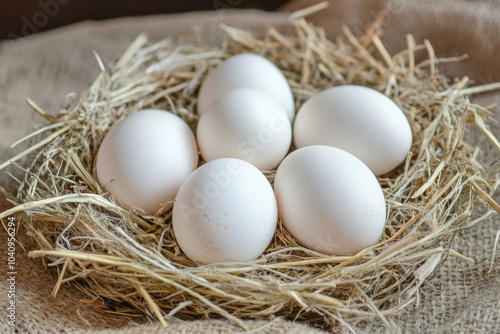 Six white eggs in a hay nest on a burlap background.