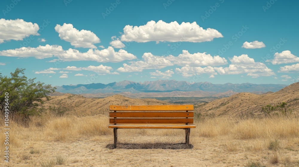 Wooden Bench Overlooking a Mountain Range and Dry Grassland Wooden Bench Overlooking a Mountain Range and Dry Grassland