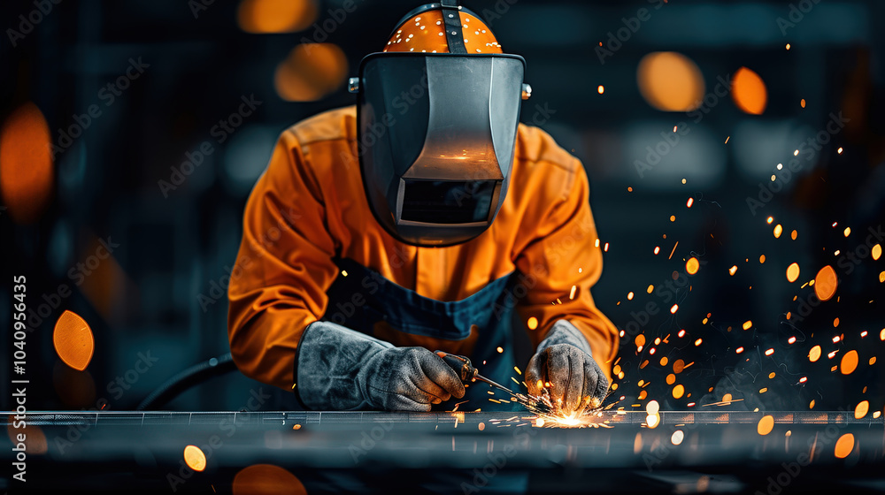 skilled industrial welder works on steel beam, creating sparks and showcasing precision in vibrant workshop environment. scene captures intensity and focus of task skilled industrial welder works on steel beam, creating sparks and showcasing precision in vibrant workshop environment. scene captures intensity and focus of task