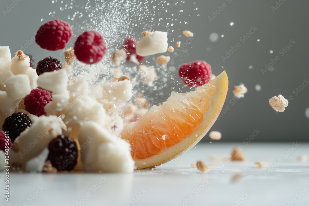 Fresh fruits and granola create vibrant explosion of color and texture, featuring raspberries, blackberries, and slice of orange. This delightful mix evokes sense of freshness and health Fresh fruits and granola create vibrant explosion of color and texture, featuring raspberries, blackberries, and slice of orange. This delightful mix evokes sense of freshness and health