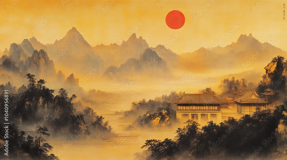 Obraz premium Sunrise in the mountains, distant palace