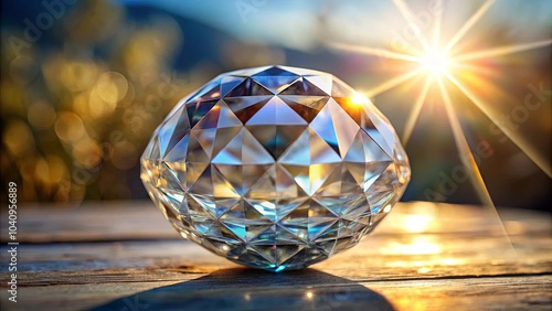 A sparkling crystal sphere rests on weathered wood, bathed in warm sunlight, casting refracted beams across the surface.