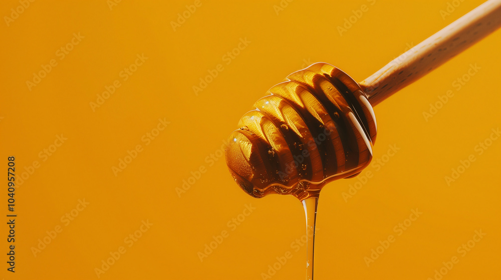 Close-up of honey dripping from wooden honey dipper against yellow background Close-up of honey dripping from wooden honey dipper against yellow background