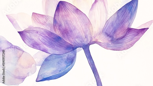 2410 44.A vibrant watercolor illustration of a violet lotus flower, delicately hand-drawn with soft, flowing brushstrokes. The petals transition from deep purple to lighter hues, set against a clean