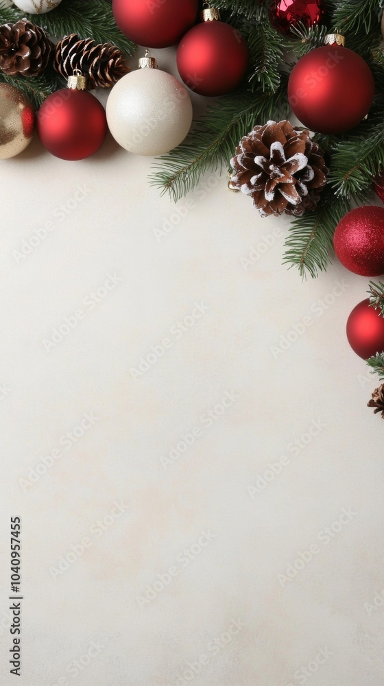 Minimalist Christmas Flat Lay with Red Ornaments and Pine Cones on Light Yellow Background Minimalist Christmas Flat Lay with Red Ornaments and Pine Cones on Light Yellow Background