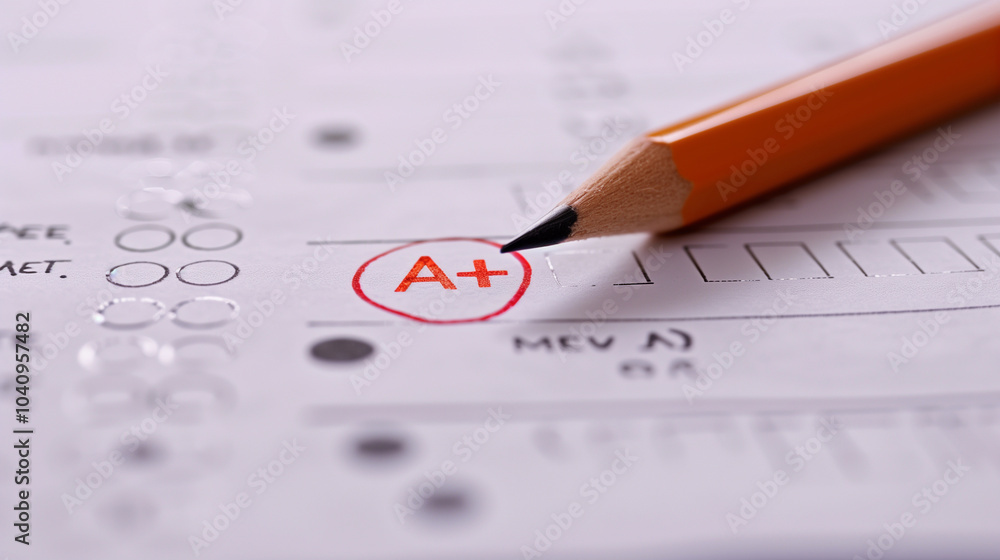 Close-up of a pencil on a test sheet with A+ grade marked in red Close-up of a pencil on a test sheet with A+ grade marked in red