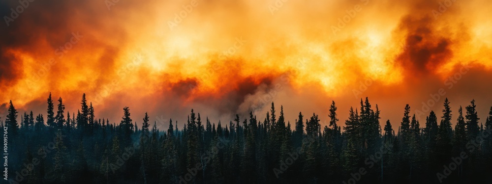 Rising Smoke from Devastating Forest Wildfire, Thick gray clouds billowing into the sky, engulfing trees in a fierce blaze Rising Smoke from Devastating Forest Wildfire, Thick gray clouds billowing into the sky, engulfing trees in a fierce blaze