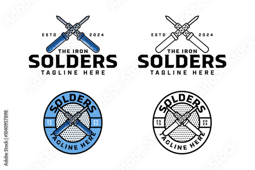 soldering iron tool crossed colorful and outline badge logo design set for workshop and electrician. circuit soldering iron, solder station illustration logo template for repairer, craftsman
