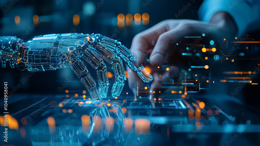 image depicts futuristic interaction between robotic hand and human hand, symbolizing merging of technology and humanity. This captivating scene highlights advancements in robotics and artificial int image depicts futuristic interaction between robotic hand and human hand, symbolizing merging of technology and humanity. This captivating scene highlights advancements in robotics and artificial int