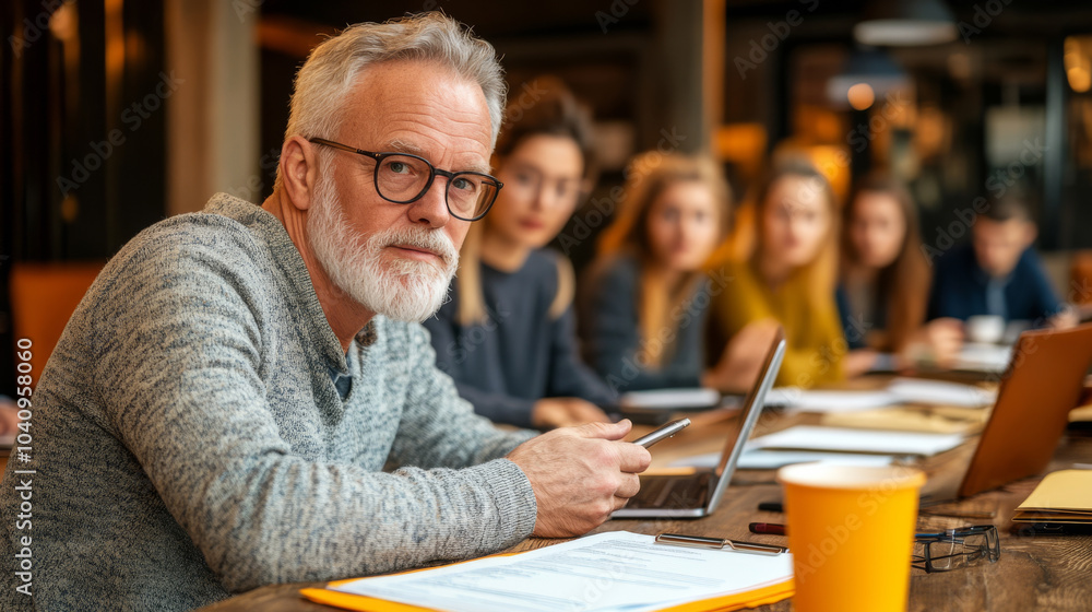 Experienced man with glasses at meeting table, focused on his work while colleagues engage in discussion. atmosphere is collaborative and professional Experienced man with glasses at meeting table, focused on his work while colleagues engage in discussion. atmosphere is collaborative and professional
