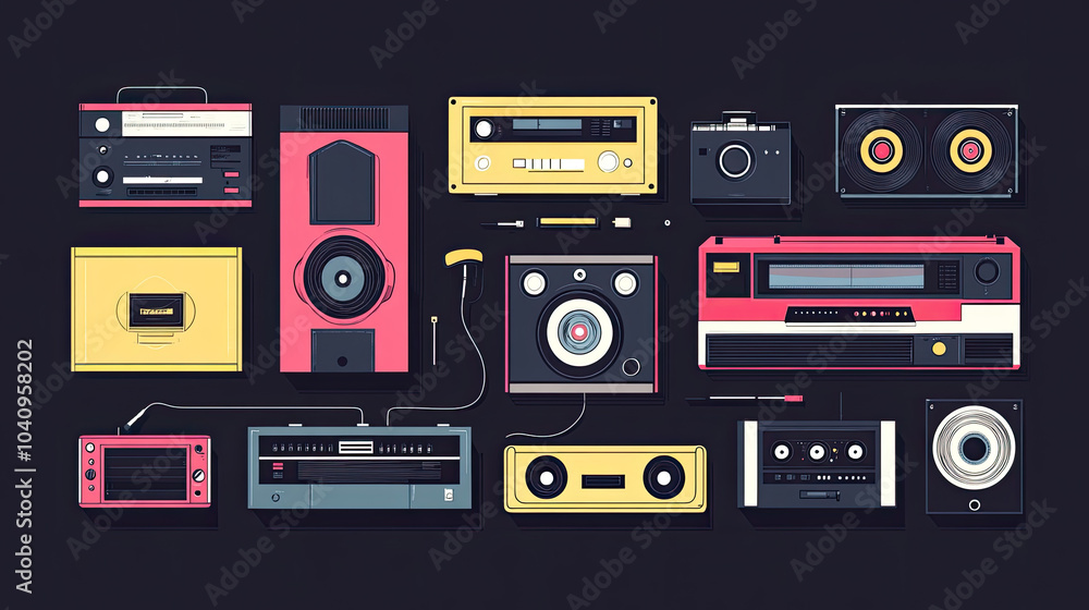 Obraz premium Radio, tape recorder, music products, cassette tapes, black background illustrations