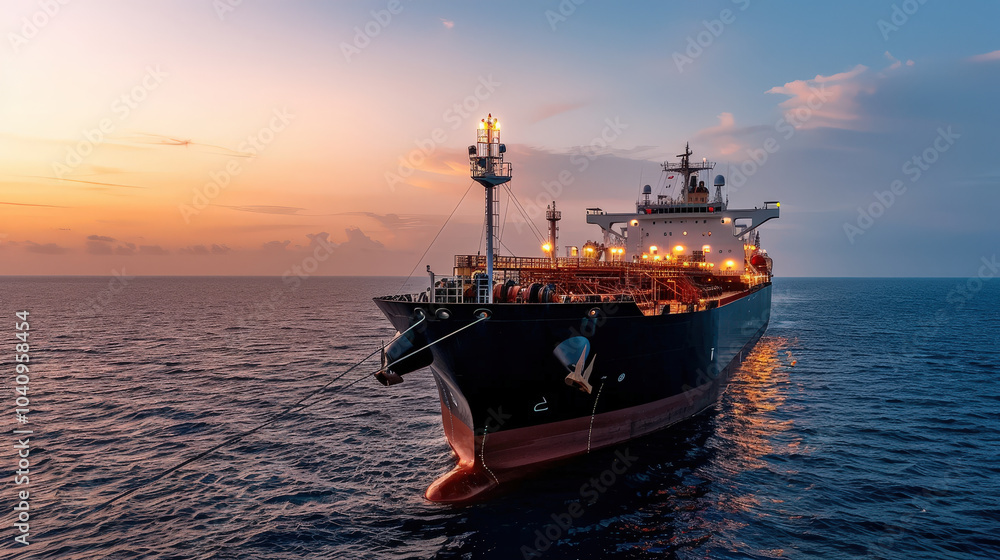 Fototapeta premium Large oil tanker ship docked at refinery port during sunset, showcasing its massive structure and lights reflecting on water. scene evokes sense of tranquility and industrial beauty