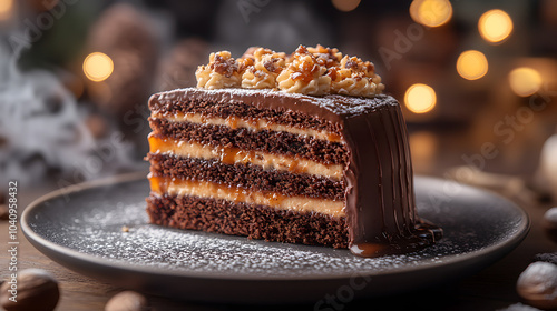 Delectable Slice of Chocolate Cake with Caramel Drizzle and Nuts – Gourmet Dessert Photography Showcasing Sweet Indulgence. 