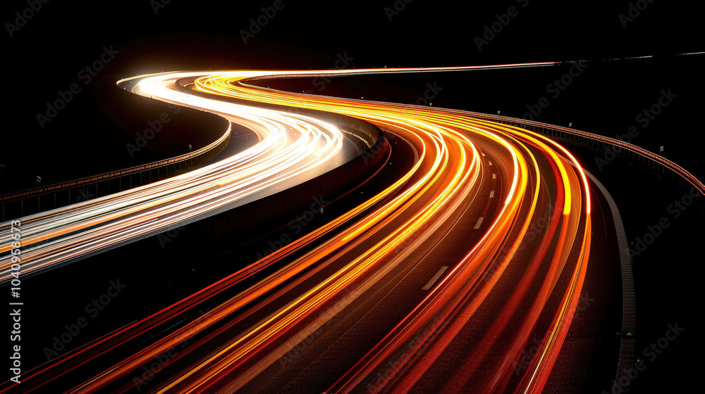 Long exposure captures light trails stretching into distance on winding road, creating dynamic and vibrant scene. contrast of colors against dark background adds depth and movement Long exposure captures light trails stretching into distance on winding road, creating dynamic and vibrant scene. contrast of colors against dark background adds depth and movement