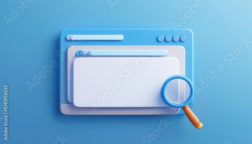 A modern, minimalist browser interface featuring a search bar, colorful design elements, and a magnifying glass, set against a blue background.