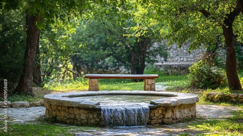 Wooden Bench Overlooking a Small Waterfall in a Tranquil Garden