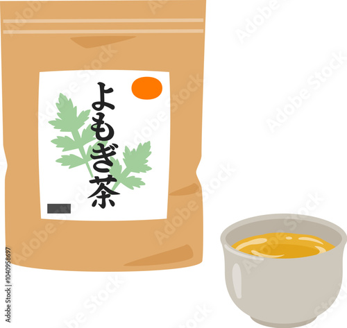 袋入りのよもぎ茶と湯吞に入ったお茶