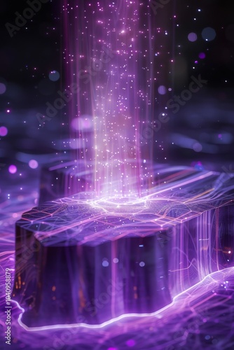 3D Hologram Wireframe of Epic Quantum Computing core in Purple Neon Light abstract algorithmic patterns