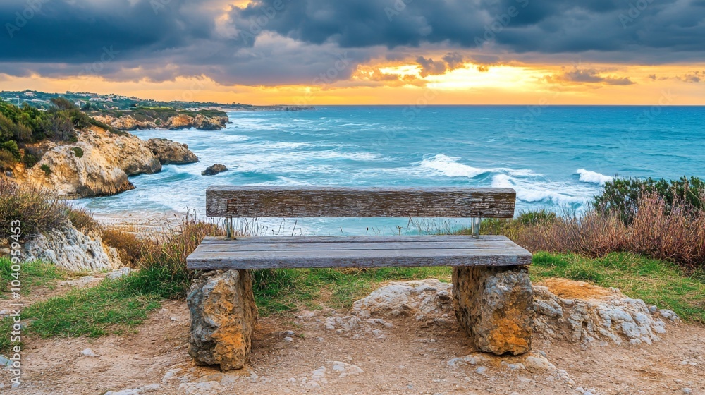 Wooden Bench Overlooking Ocean with Stormy Sky and Sunset Wooden Bench Overlooking Ocean with Stormy Sky and Sunset