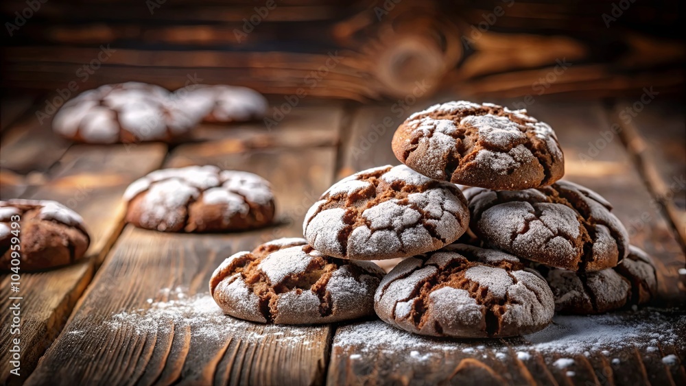 A stack of soft chocolate cookies, dusted with powdered sugar, rests on a rustic wooden surface. A stack of soft chocolate cookies, dusted with powdered sugar, rests on a rustic wooden surface.