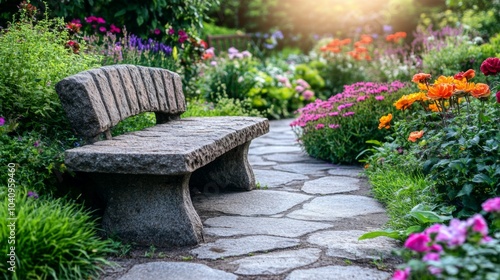Fototapeta Naklejka Na Ścianę i Meble -  Stone Bench in a Colorful Flower Garden with a Stone Path