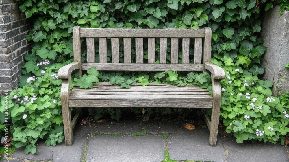 Wooden Bench Flanked by Lush Green Foliage and Delicate White Flowers Wooden Bench Flanked by Lush Green Foliage and Delicate White Flowers
