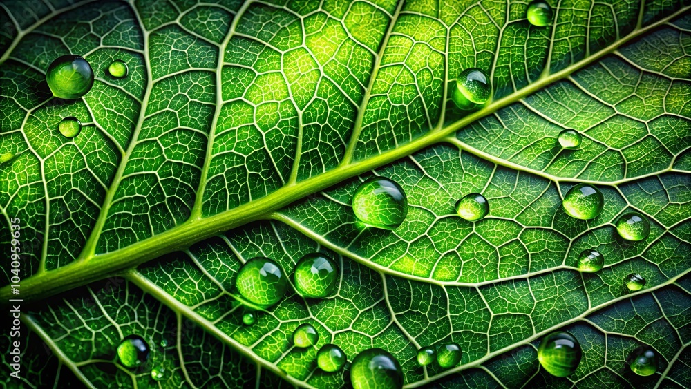Obraz premium A Close-Up View of Dewdrops Glistening on a Vibrant Green Leaf, Revealing Intricate Veins and a Captivating Natural Pattern