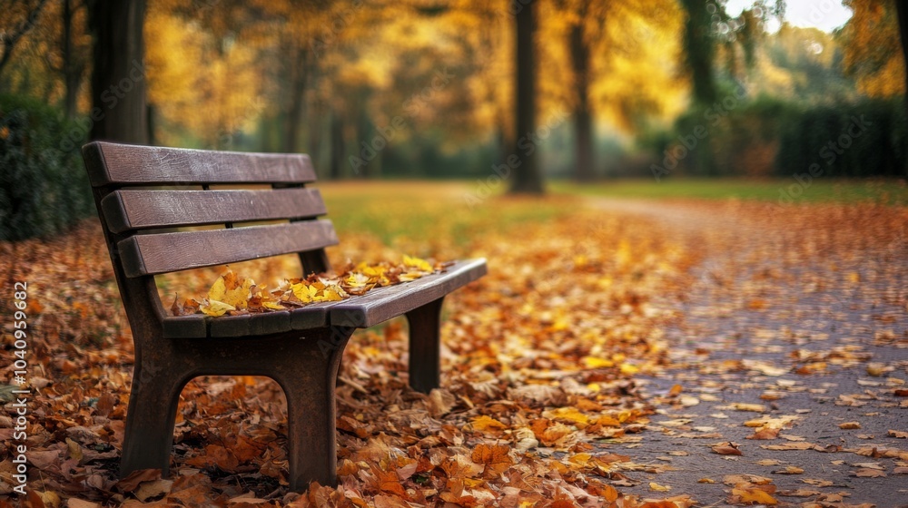 Wooden Bench Covered in Autumn Leaves in a Park Wooden Bench Covered in Autumn Leaves in a Park