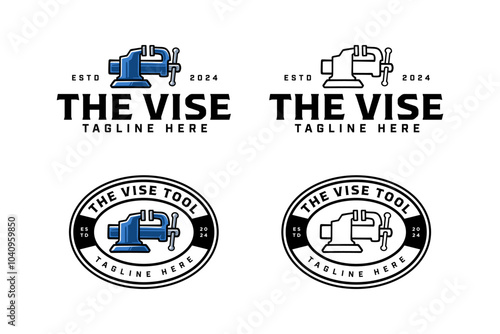 vise tool crossed colorful and outline badge logo design set for workshop and garage. workbench, pressure tool illustration logo template for repairer, mechanic, craftsman