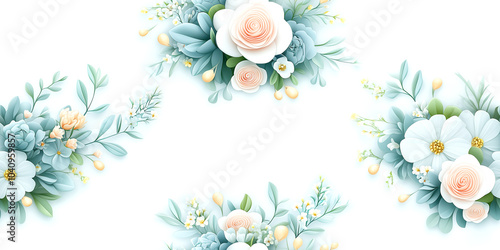 A white background with a blue flower in the center. The flower is surrounded by other flowers and leaves