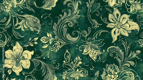 2410 108.A vintage floral pattern with paisley and ikat motifs, drawn in a green silhouette watercolor style. The seamless design is rich with hand-drawn details, giving it a retro, ethnic feel,