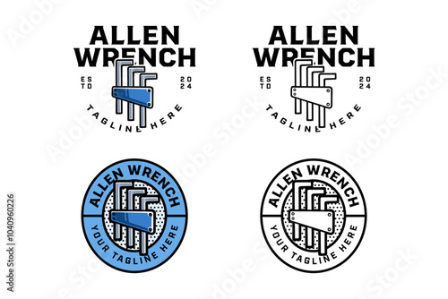 allen wrench crossed colorful and outline badge logo design set for workshop and garage. allen key tool crossed illustration logo template for repairer, mechanic, craftsman