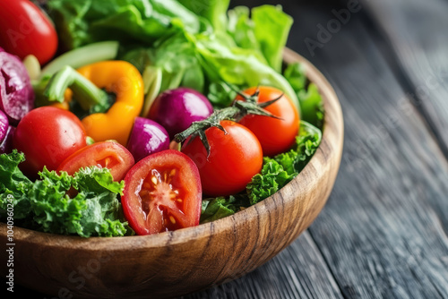 A bowl of mixed vegetables including tomatoes, lettuce, and peppers. The bowl is wooden and placed on a wooden table