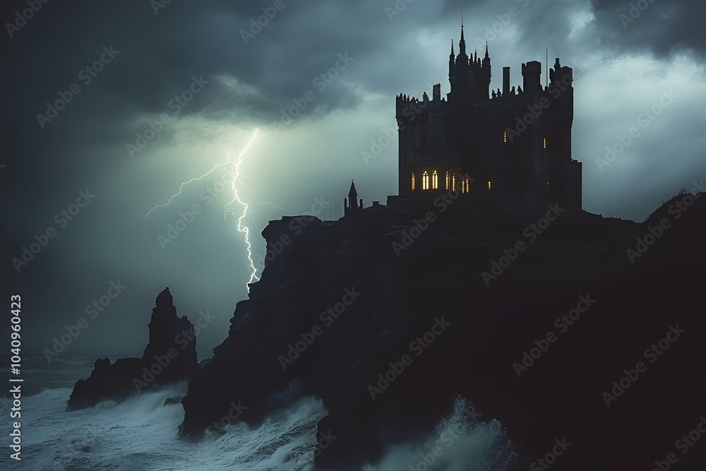 Fototapeta premium Gothic style castle towering on a cliff on a dark and stormy night.