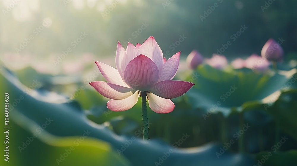 2410 143.A delicate pink lotus flower in full bloom, moving gracefully in the breeze against a backdrop of lush green leaves. The surrounding lotus field and still lake create a peaceful, natural 2410 143.A delicate pink lotus flower in full bloom, moving gracefully in the breeze against a backdrop of lush green leaves. The surrounding lotus field and still lake create a peaceful, natural
