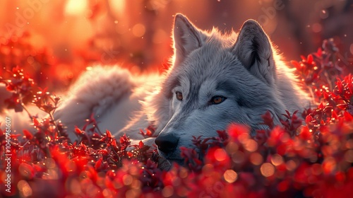 Majestic Wolf in Red Leaves: A Moment of Tranquility