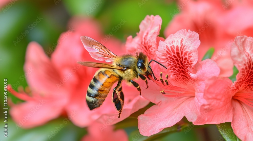 Honeybee Gathering Nectar from Pink Azalea Blossom Honeybee Gathering Nectar from Pink Azalea Blossom