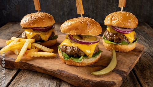 Artfully arranged cheeseburger slider trio, each bite-sized patty topped