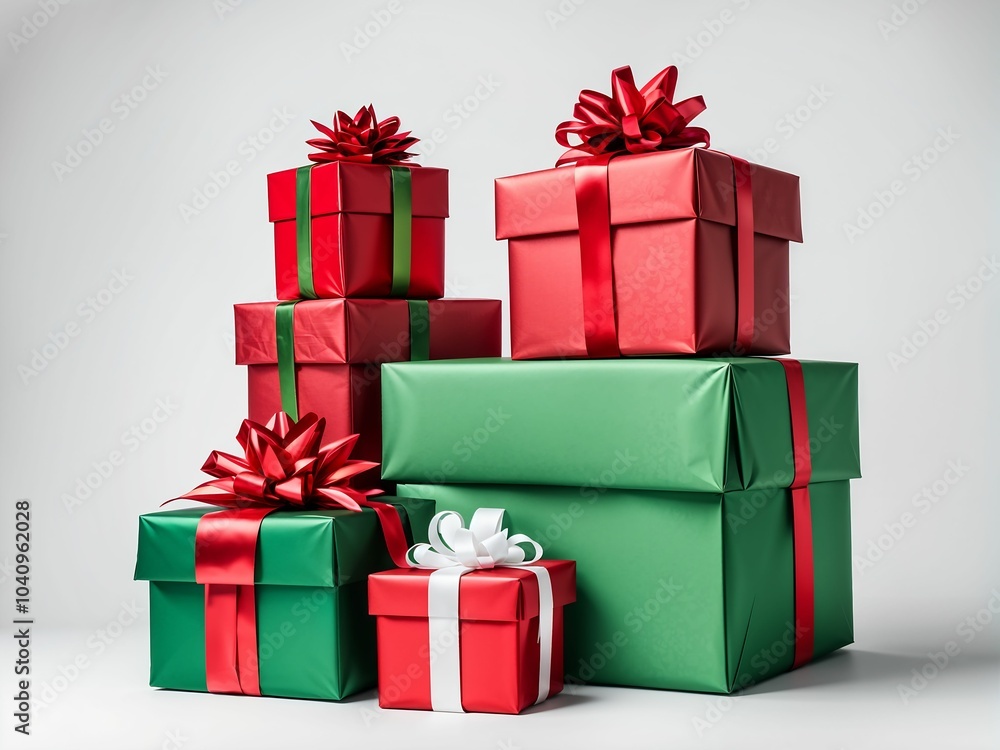 Fototapeta premium Different green and red Christmas gift boxes stacked on a white background