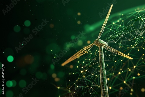 Green Energy Innovation: A futuristic wind turbine, rendered in gold and green hues, stands against a dark, bokeh backdrop, symbolizing sustainable energy solutions and technological advancement.