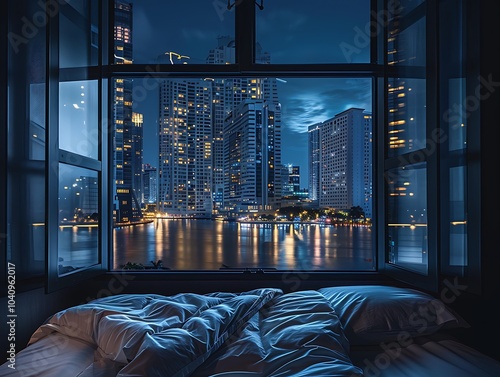 Dark bedroom, open window to city at night, modern Bangkok skyline, glowing skyscrapers, water reflections, bed visible.