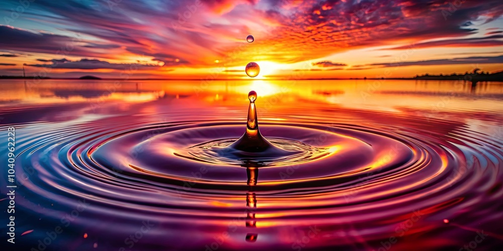 A Single Water Drop Creates Concentric Ripples Reflecting the Vivid Hues of a Sunset Sky A Single Water Drop Creates Concentric Ripples Reflecting the Vivid Hues of a Sunset Sky